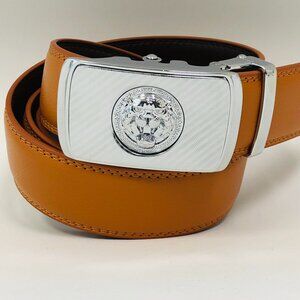 Automatic Silver Lion Designer Buckle Men's Orange Ratchet Genuine Leather Slide